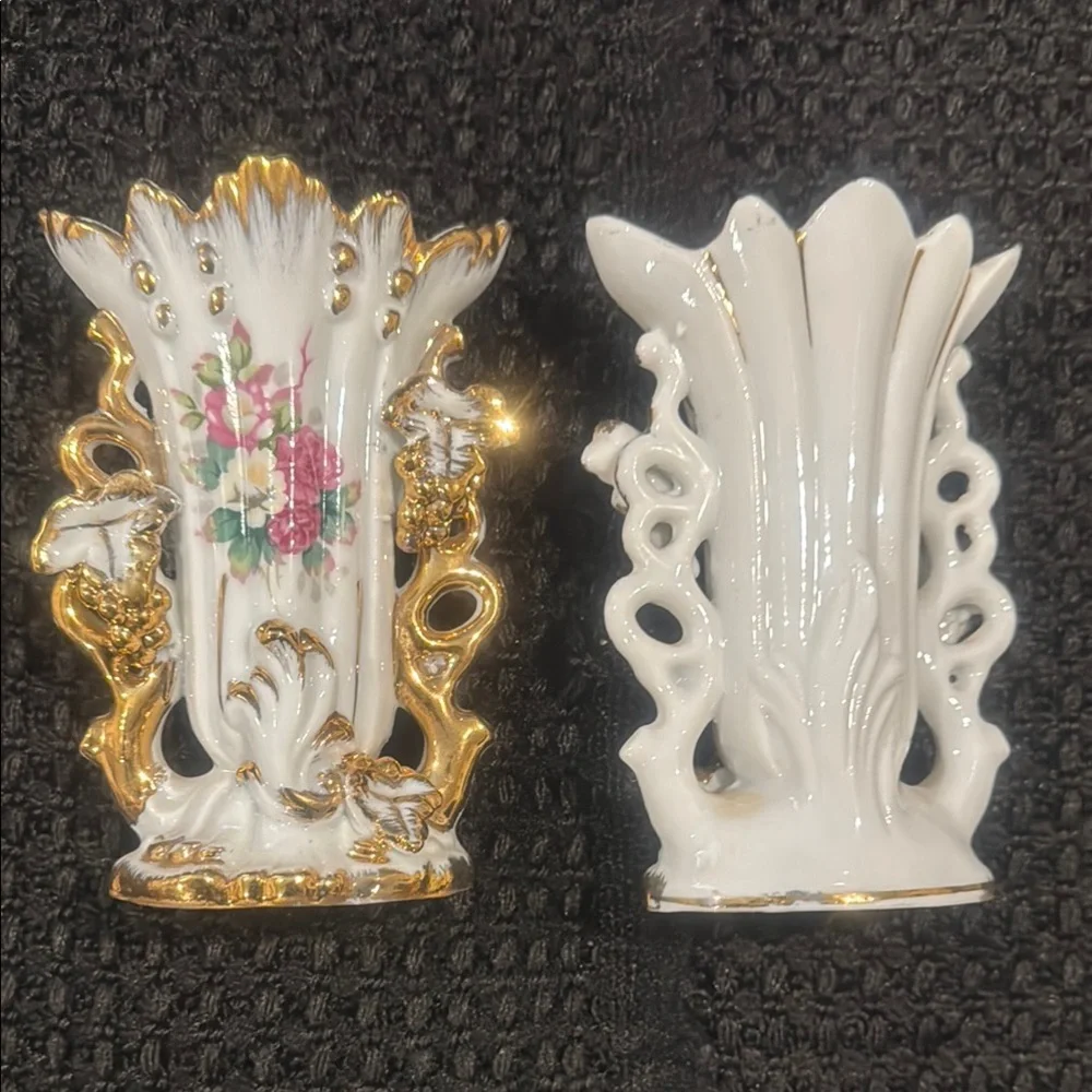 Vintage Victorian Style White Porcelain Vases with Gold Trim